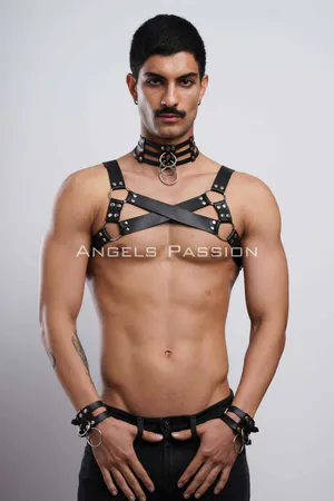 Black Faux Leather O-Ring Chest Harness with Collar Set