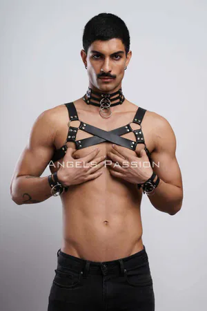 Black Faux Leather O-Ring Chest Harness with Collar Set