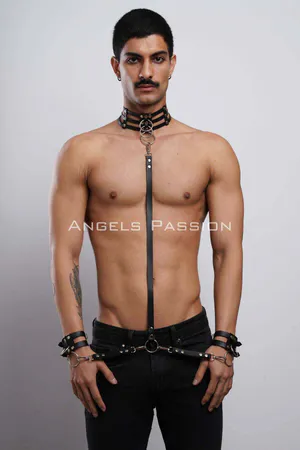 Black Faux Leather Full Body Harness Set with Collar and Cuffs