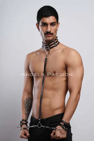 Black Faux Leather Full Body Harness Set with Collar and Cuffs