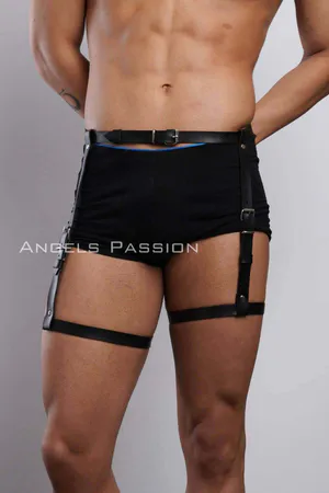 Black faux leather adjustable leg harness set with silver buckles