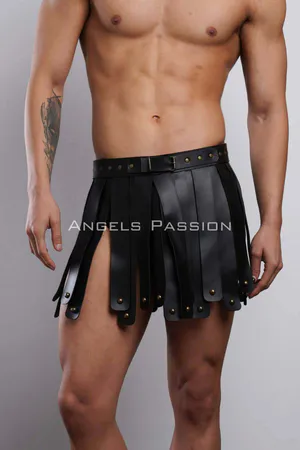 Black Faux Leather Gladiator Kilt Harness Adjustable Belt Stud Accents