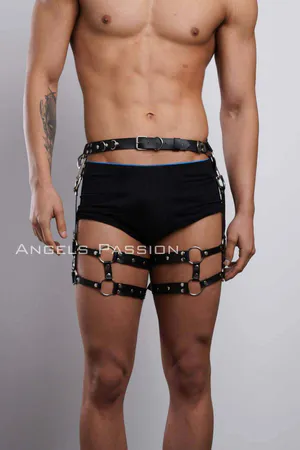 Black Faux Leather Dual Strap Thigh Harness with O-Rings