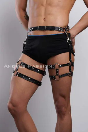 Black Faux Leather Dual Strap Thigh Harness with O-Rings