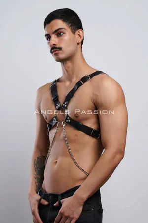 Black faux leather chest harness with adjustable straps and silver chain detail