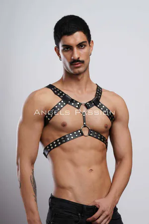 Black studded faux leather full body harness with O-rings