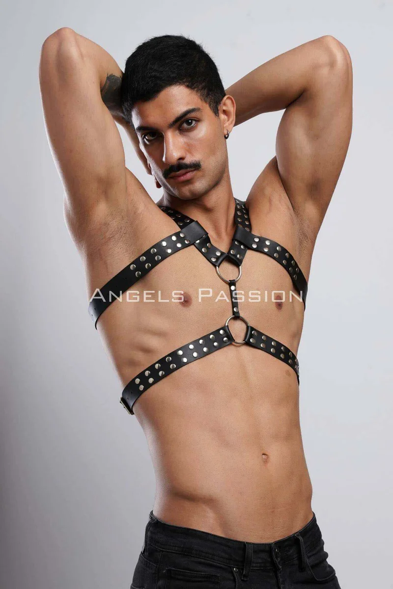 black studded faux leather chest harness with silver rings