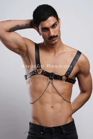 Black Faux Leather Chest Harness with Draped Chains Silver Hardware
