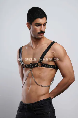 Black Faux Leather Chest Harness with Draped Chains Silver Hardware