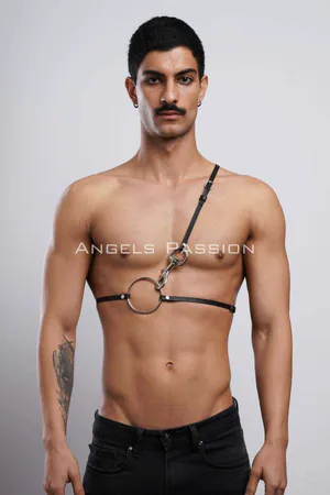 Black faux leather O-ring chest harness with adjustable strap