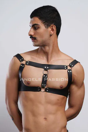 Black Faux Leather Adjustable Chest Harness with O-Ring Accents