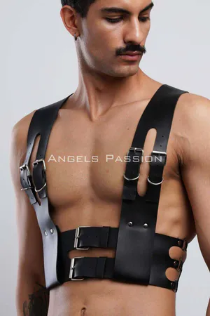 Black Faux Leather Structured Chest Harness with Double Buckles