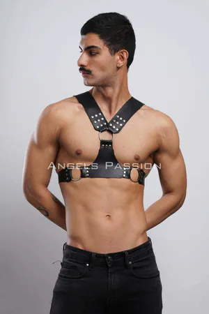 Black faux leather studded chest harness with O-ring detail