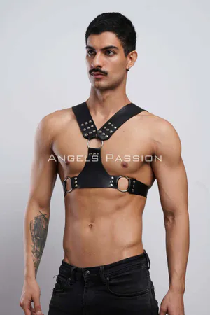 Black faux leather studded chest harness with O-ring detail