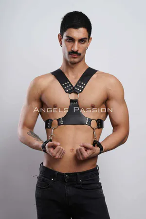 Black faux leather studded chest harness with detachable cuffs