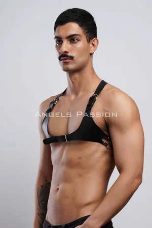 Black faux leather chest harness with adjustable straps and silver buckle closure