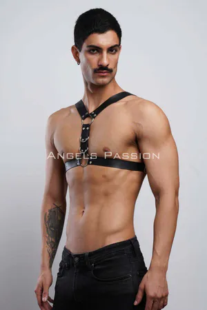 Black faux leather adjustable chest harness with O-rings