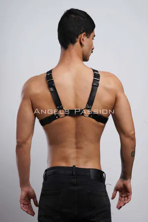 Black faux leather adjustable chest harness with O-rings