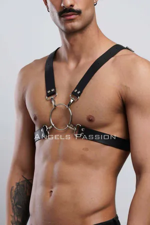 Black Faux Leather O-Ring Chest Harness for Women, Adjustable Straps