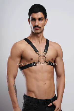 Black Faux Leather O-Ring Chest Harness for Women, Adjustable Straps
