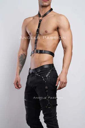 Black Faux Leather Adjustable Chest and Leg Harness Set
