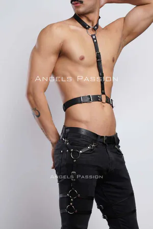 Black Faux Leather Adjustable Chest and Leg Harness Set