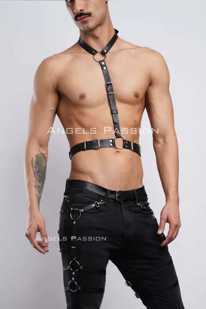 Black Faux Leather Adjustable Chest and Leg Harness Set