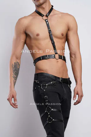 Black Faux Leather Adjustable Chest and Leg Harness Set