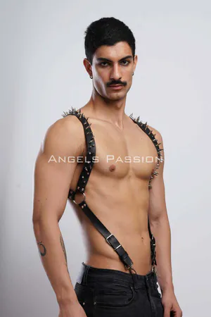 Black Faux Leather Body Harness with Spikes and O-Rings