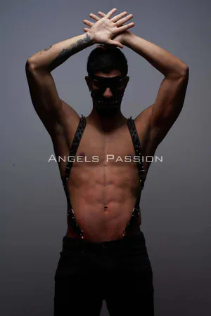 Black faux leather suspender harness with spike studs