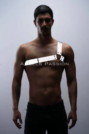Silver reflective one-shoulder chest harness on male model
