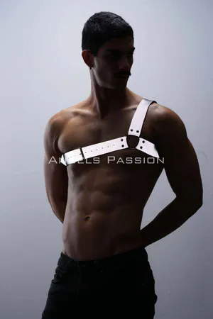 Silver reflective one-shoulder chest harness on male model