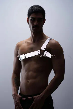 Silver reflective one-shoulder chest harness on male model