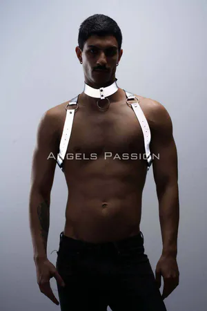 Silver reflective body harness and choker set worn by a man