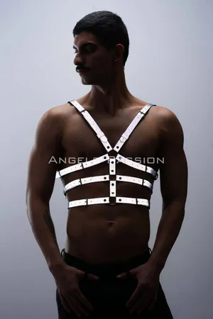 Reflective vegan leather chest harness with O-ring detail for men