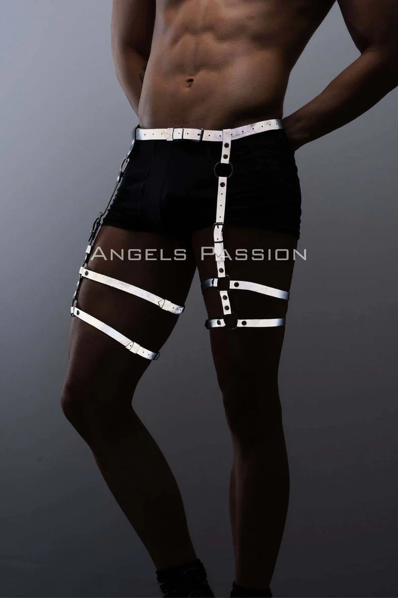 Model wearing white reflective thigh harness with adjustable leg straps