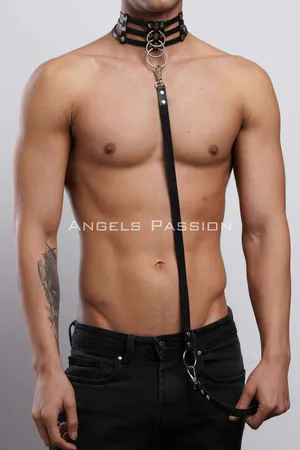 Black faux leather strappy choker with O-ring and leash