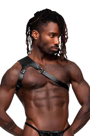 Black faux leather single strap chest harness with silver O-ring detail