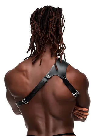 Black faux leather single strap chest harness with silver O-ring detail