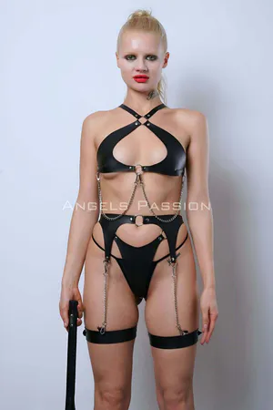 Black Faux Leather Full Body Harness & Garter Set with Chains