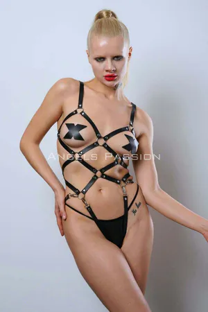 Black Faux Leather Strappy Body Harness with O-Ring Accents