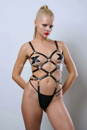 Black Faux Leather Strappy Body Harness with O-Ring Accents