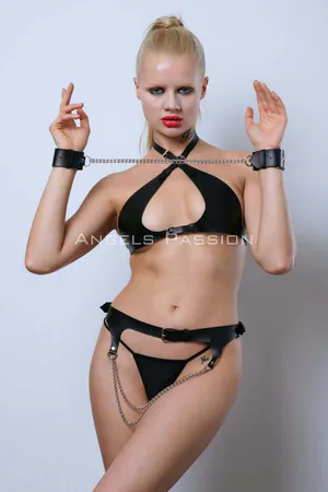 Black Faux Leather Harness Bra, Garter Belt, and Wrist Cuffs Set