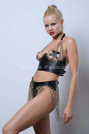 Black Faux Leather Bra Top and Chain Fringe Skirt Set Studded Details