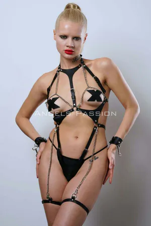 Black Faux Leather Full Body Harness with Chain Detail and Detachable Cuffs