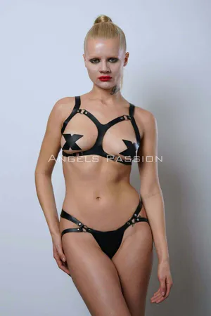 Black Faux Leather Open Bust Harness Bra and Strappy Thong Set with X-shaped pasties on model