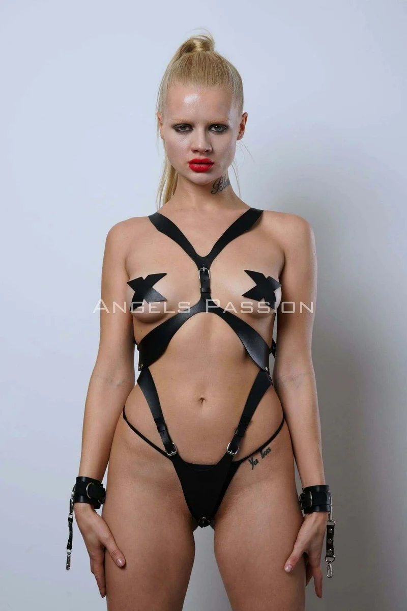 Strappy Full Body Harness with Wrist Cuffs - 7