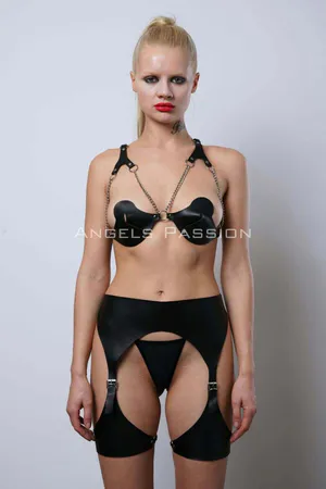 Black Faux Leather Harness Bra and Garter Belt Set with Thigh Straps