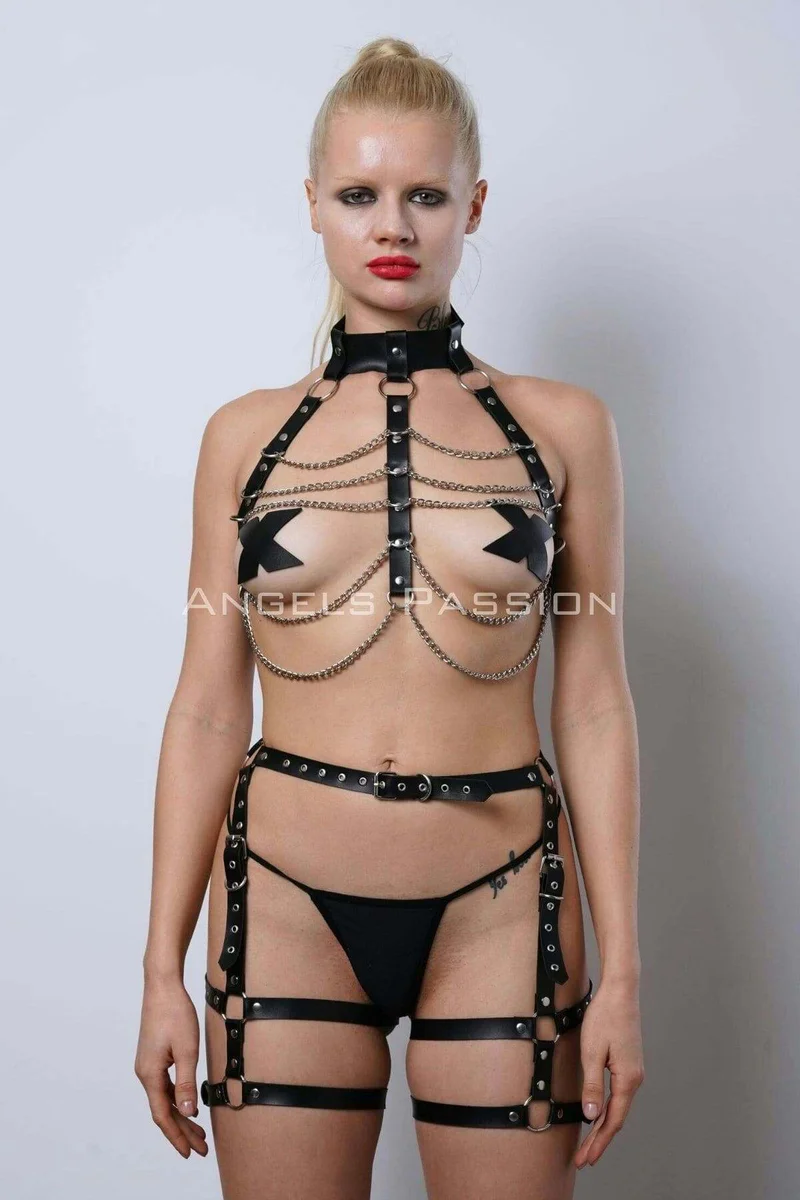 Faux leather garter harness set close-up with leg straps and buckles