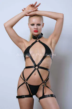 Black Vegan Leather Full Body Harness with Cut-Out Panels